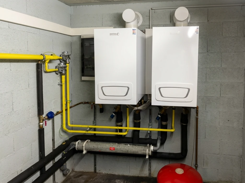 Intérieur d'une chaufferie avec système de canalisations en cuivre