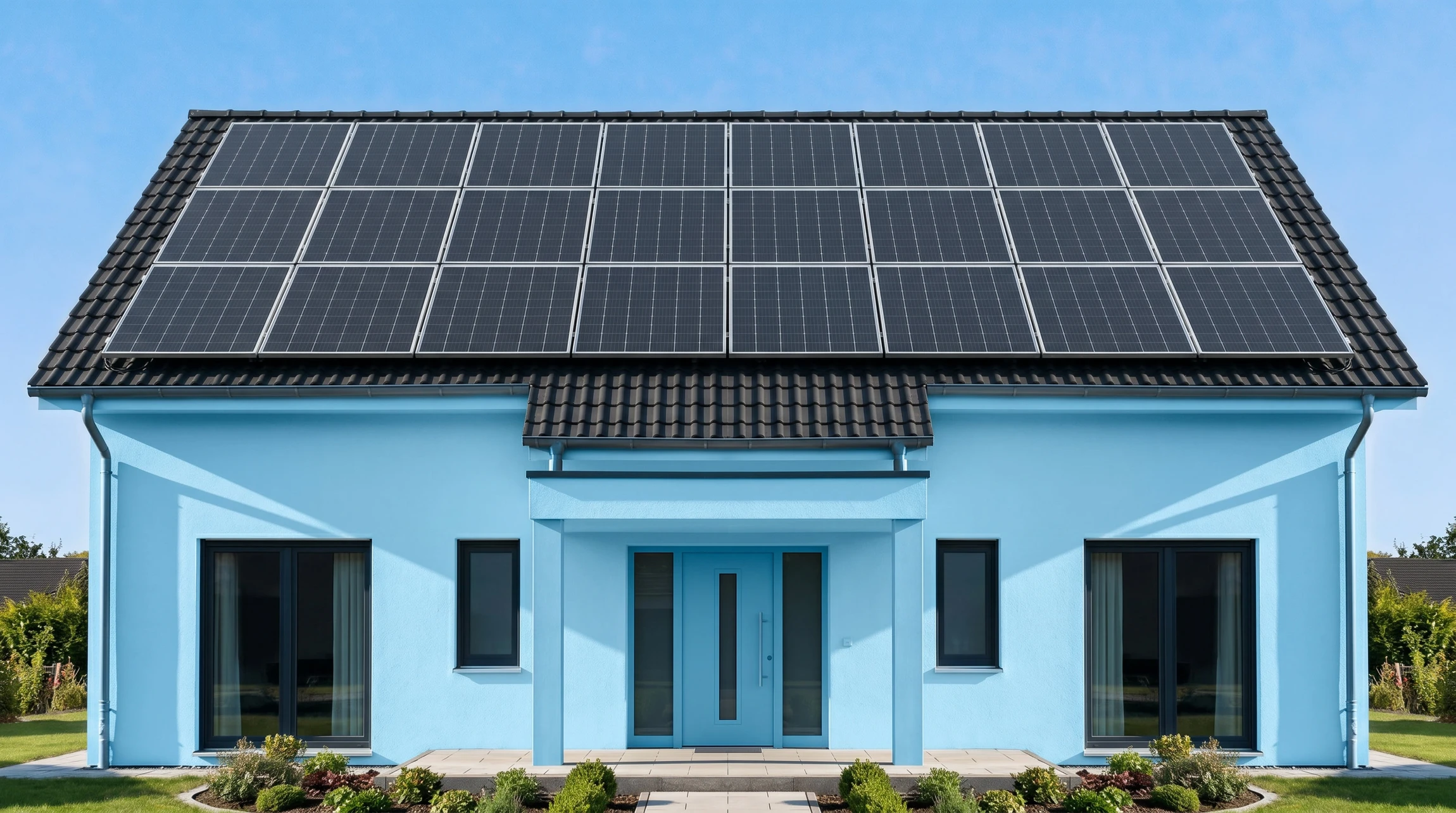 Deux techniciens installent des panneaux solaires photovoltaïques sur une toiture en tuiles sous ciel bleu