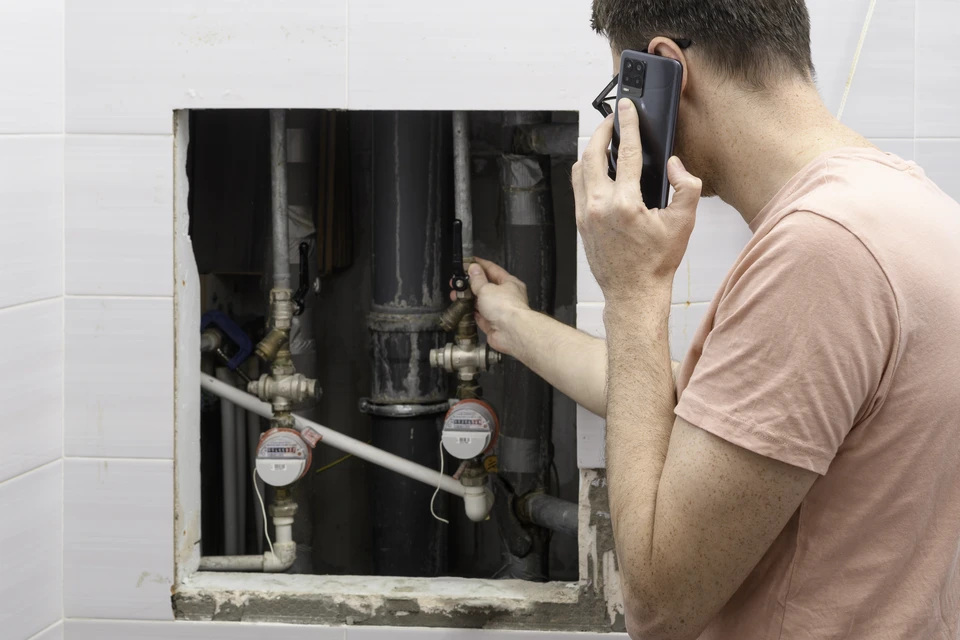 Intérieur d'un local technique avec plombier effectuant maintenance sur installation de chauffage